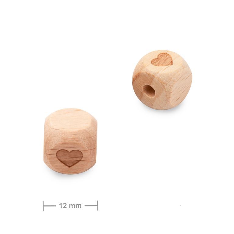 Wooden cube beads 12mm with a heart design