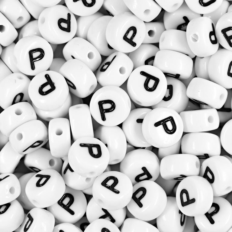White plastic bead 7x4 mm with letter P