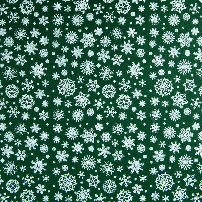 Filc / plsť vánoční motiv s vločkami 1mm tmavě zelený