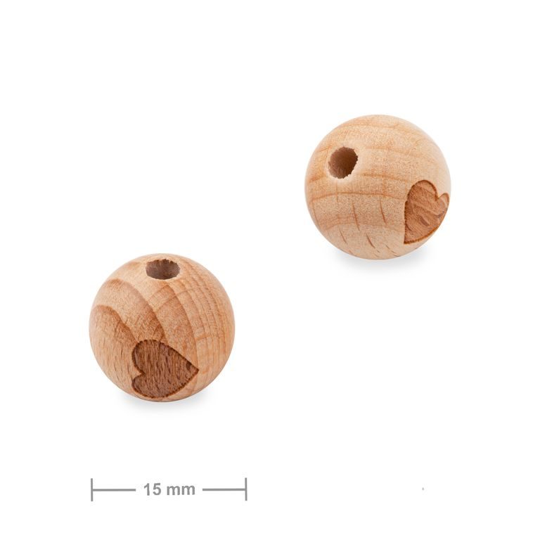 Dřevěné korálky kulička 15mm s motivem srdce