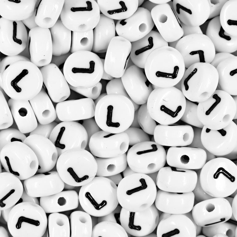White plastic bead 7x4 mm with letter L