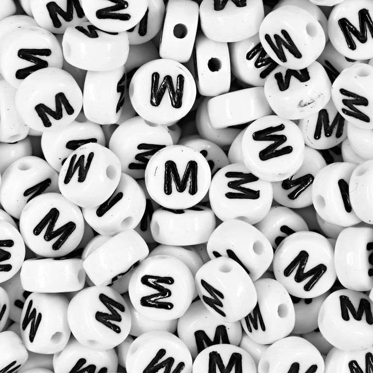 White plastic bead 7x4 mm with letter M