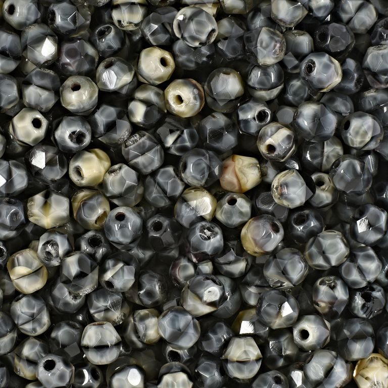 Glass fire polished beads 4mm Gray White Black Swirl