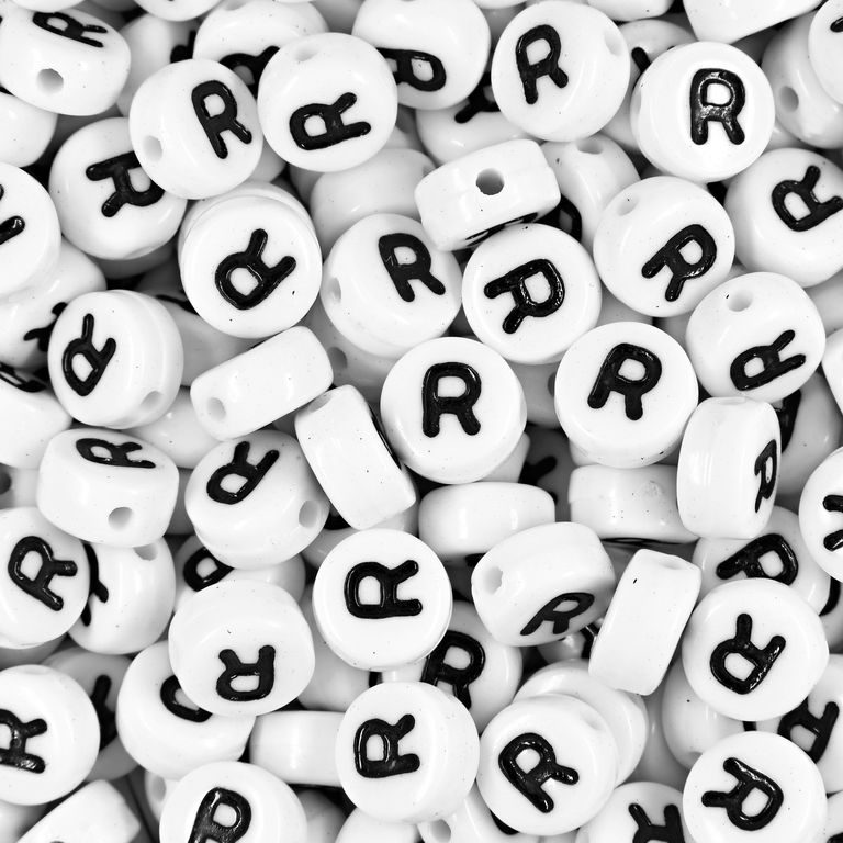 White plastic bead 7x4 mm with letter R