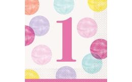 Ubrousky 1. narozeniny růžové s puntíky 16 ks