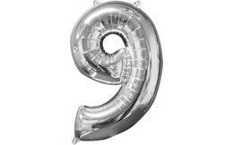 balónek fóliový narozeniny číslo 9 stříbrný 66cm