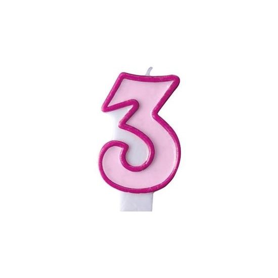 Birthday candle 3, pink, 7 cm
