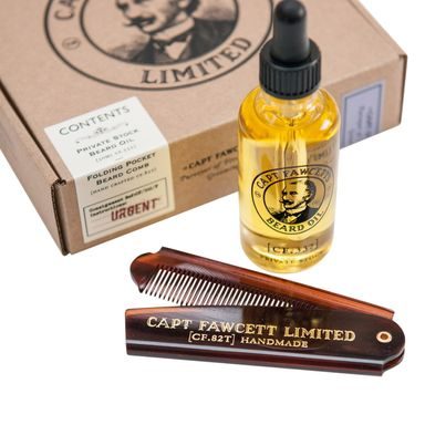 Подаръчен комплект масло и сгъваем гребен за брада Cpt. Fawcett Private Stock