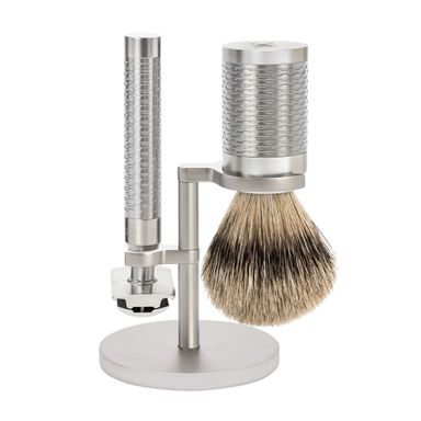 Комплект за бръснене Mühle ROCCA - стойка, машинка със затворена главица, четка silvertip badger - мътна стомана