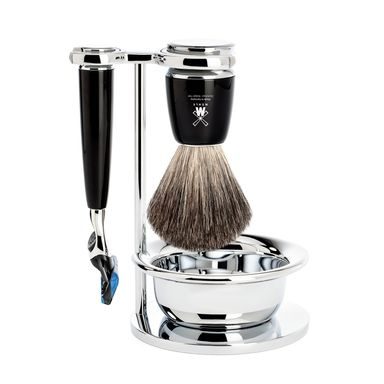 Комплект за бръснене Mühle RYTMO -стойка, паница, машинка с Fusion главица, четинки pure badger - черна смола