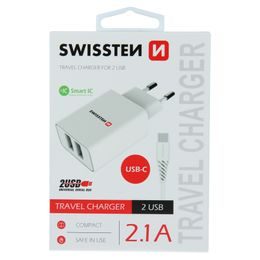 Swissten síťový adaptér smart IC 2x USB, 2,1A Power, bílý + kabel USB-C 1,2m