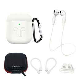 Silicone Case sada pro AirPods 1/2 s pouzdrem, háčkem na ucho, řemínkem na krk, držákem řemínku hodinek a karabinou, bílá