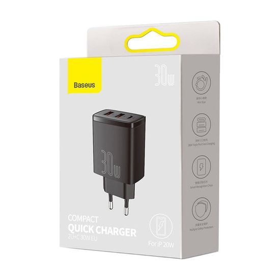 Baseus Compact rychlonabíječka, 2x USB, USB-C, PD, 3A, 30W, černá