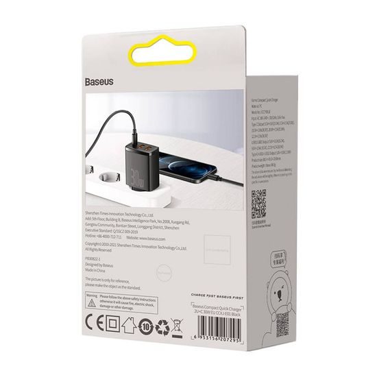 Baseus Compact rychlonabíječka, 2x USB, USB-C, PD, 3A, 30W, černá