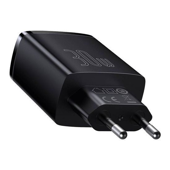 Baseus Compact rychlonabíječka, 2x USB, USB-C, PD, 3A, 30W, černá