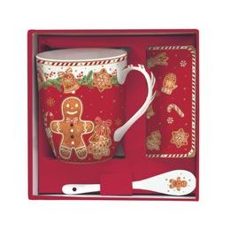 Vánoční porcelánový hrnek se lžičkou a korkovým podtáckem 350ml Fancy Gingerbread, Easy Life
