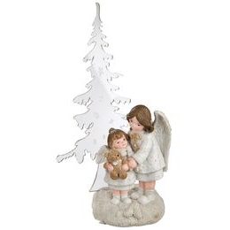Vánoční figurky anděla s dítětem a medvídkem u stromu s LED osvětlením, 10x14x32 cm
