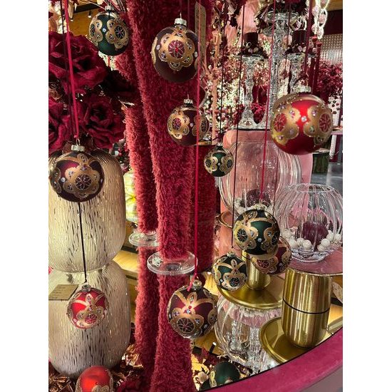 Vánoční skleněná ozdoba s ornamentem bordó, 8 cm