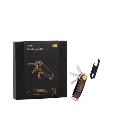 Geschenkset bestehend aus: Schlüsselanhänger aus Leder Orbitkey 2.0 (Espresso Brown & Brown Stitching) + schwarzer Multitool v2