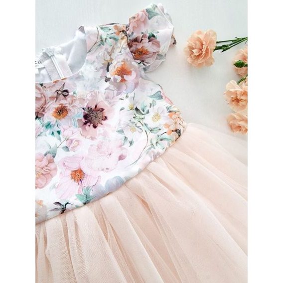 Helen Tylové šaty Creamy Flowers s meruňkovou sukýnkou