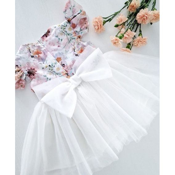 Helen Tylové šaty Creamy Flowers s bílou sukýnkou