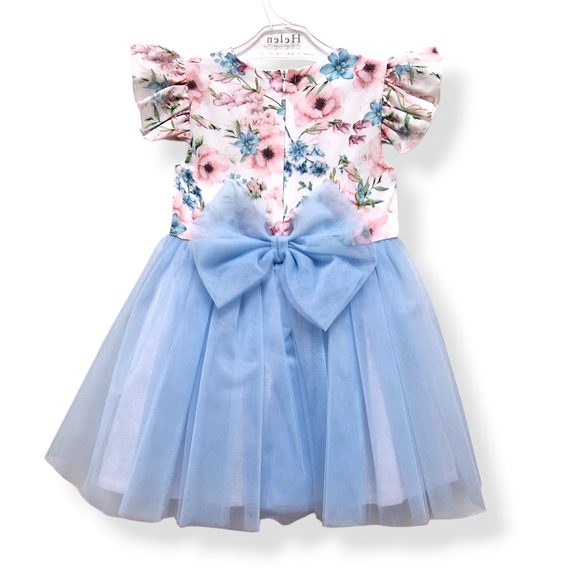 Helen Tylové šaty Pink Flowers s modrou sukýnkou