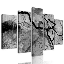 5-dielny obraz temné konáre stromu v čiernobielom prevedení