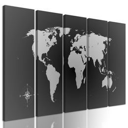 5-dielny obraz moderná mapa sveta v čiernobielom prevedení