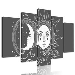5-dielny obraz symboly slnka a mesiaca v čiernobielom prevedení