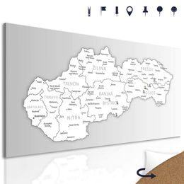 Obraz na korku podrobná mapa Slovenskej republiky v čiernobielom prevedení