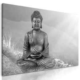 Obraz Budha na hore poznania v čiernobielom prevedení