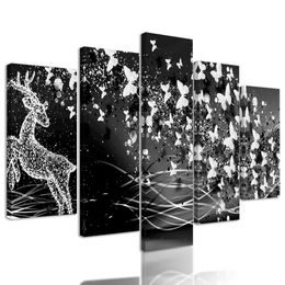 5-dielny obraz abstrakcia vesmírneho Jeleňa v čiernobielom prevedení