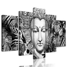 5-dielny obraz Budha v tropickej džungli v čiernobielom prevedení