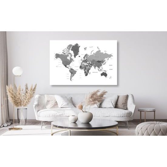 Obraz na korku mapa sveta v čiernobielom prevedení