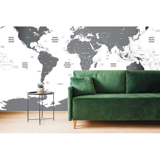 Samolepiaca tapeta podrobná mapa sveta v sivej farbe
