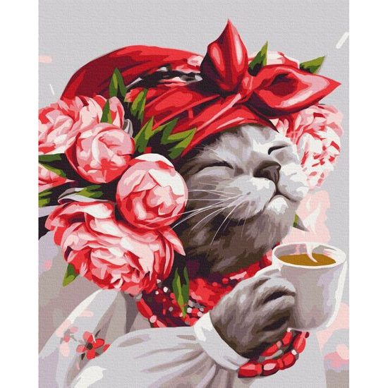Maľovanie podľa čísiel mačka na šálke čaju
