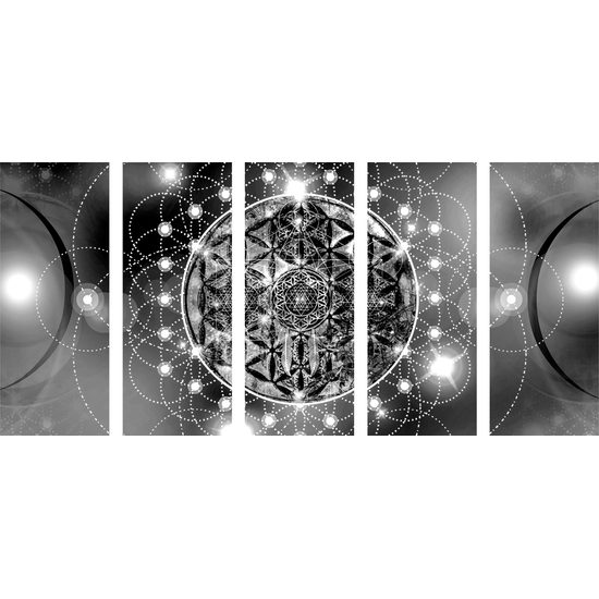 5-dielny obraz okúzľujúca Mandala v čiernobielom prevedení