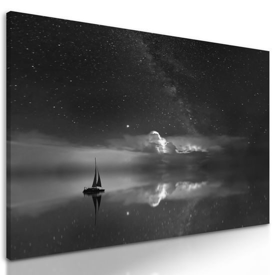 Obraz loďka pod ruškom tmy v čiernobielom prevedení