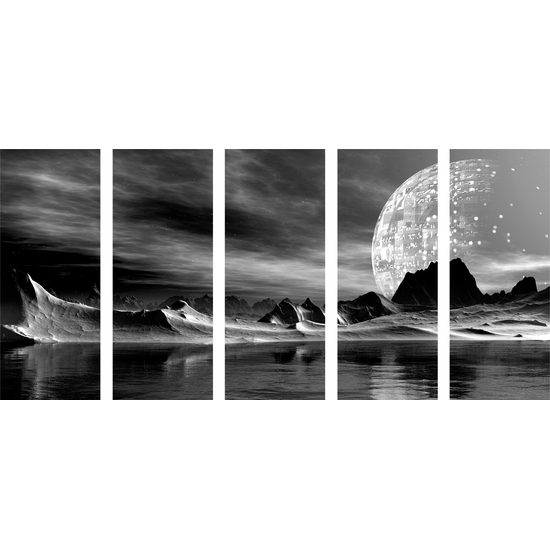 5-dielny obraz neznáma planéta v čiernobielom prevedení
