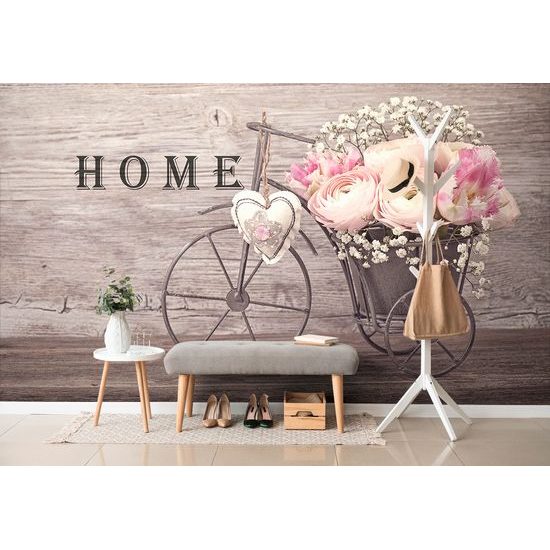 Tapeta vintage bicykel s kvetmi a nápisom Home