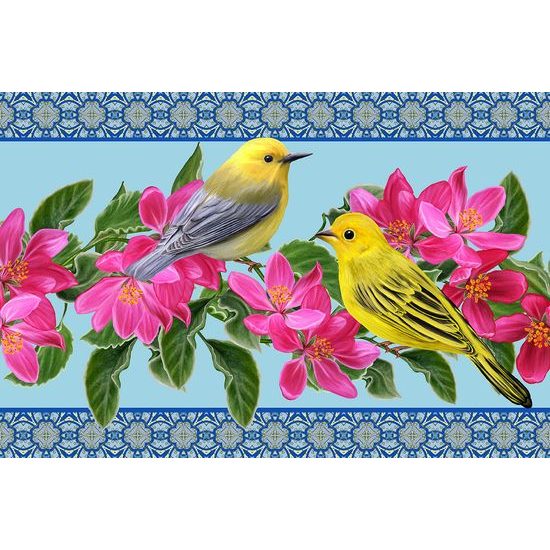 Tapeta žlté vtáčiky na kvetoch s vintage nádychom