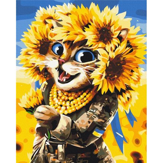 Maľovanie podľa čísiel odvážna mačka so slnečnicami