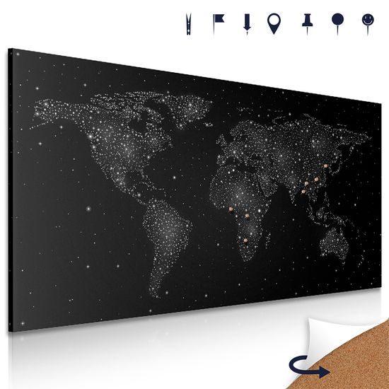 Obraz na korku mapa sveta na nočnej oblohe v čiernobielom prevedení