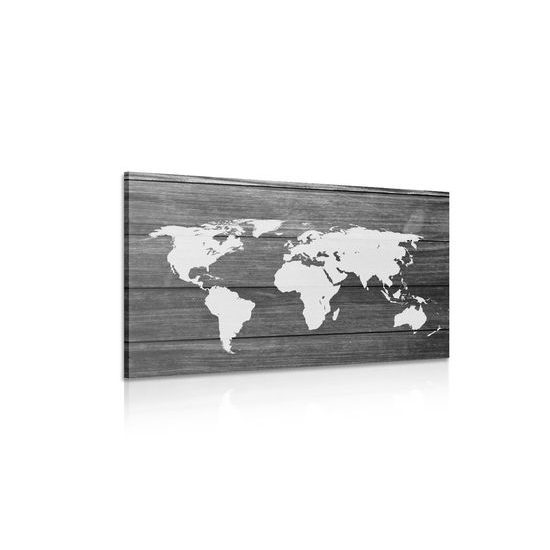 Obraz moderná mapa sveta na drevenom podklade v čiernobielom prevedení
