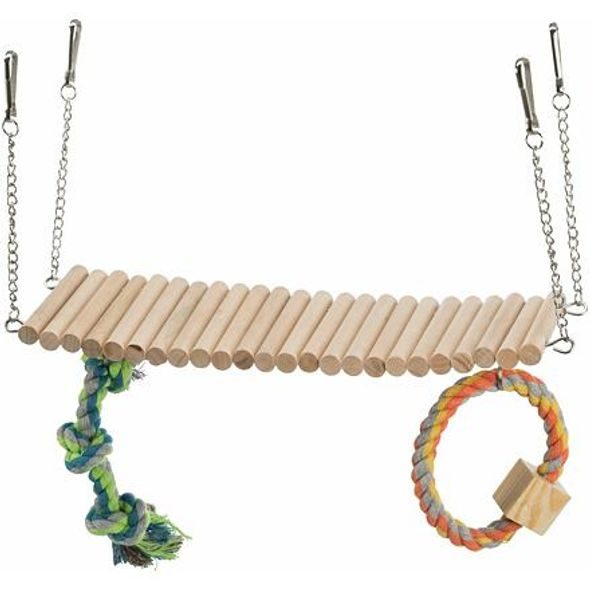 Trixie Závěsný žebřík s hračkou a lanem, pro křečky, dřevo/lano, 30 x 17 x 9 cm