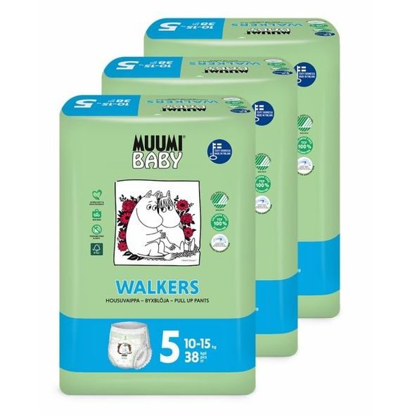 Muumi Baby Walkers 5 Maxi+ 10-15 kg (114 ks), měsíční balení kalhotkových eko plen