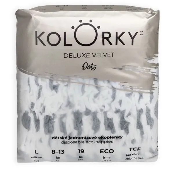 Kolorky DELUXE VELVET Dots L (8-13 kg) 19 ks jednorázové eko plenky se sametovým povrchem