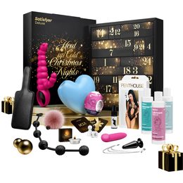 Satisfyer Advent Calendar erotické pomůcky 12 ks + BDSM pomůcky 4 ks + lubrikační gel 2 ks + sprej na oddálení ejakulace 1 ks + masážní olej 1 ks + masážní svíčka 1 ks + erotická hra 1 ks + erotické p