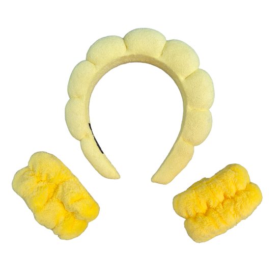 Kosmetická čelenka a náramky proti stékání vody - žlutá