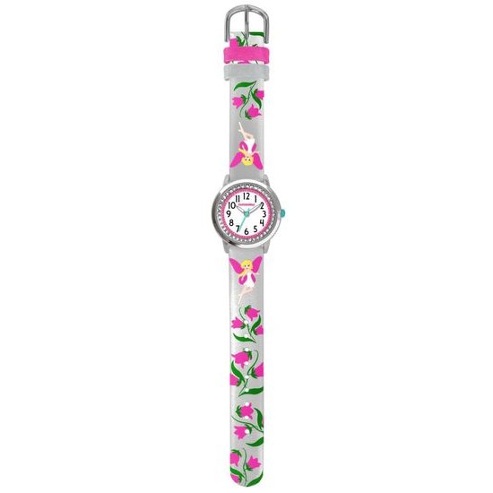 CLOCKODILE Stříbrné třpytivé dívčí dětské hodinky s růžovými vílami FAIRIES CWG5084